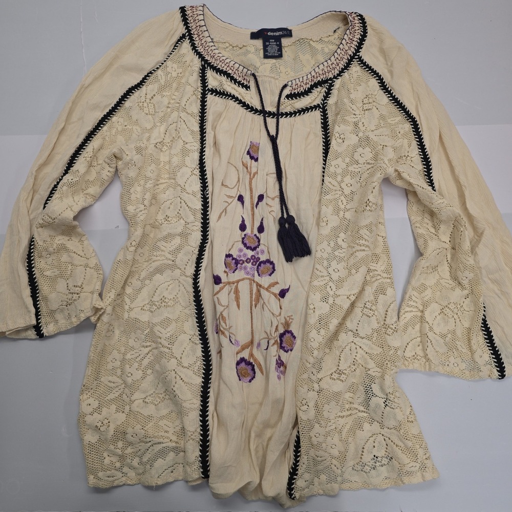 Denim 24/7 Womens 18W Oatmeal Embroidered Lace Boho Tassel Peasant Top